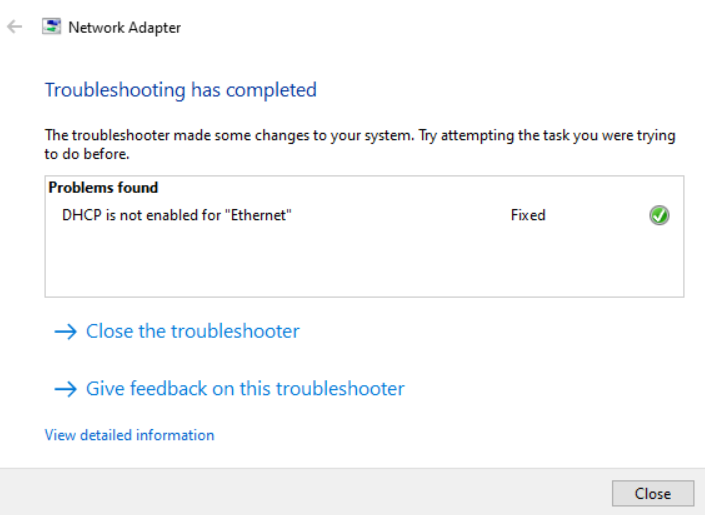 network adapter troubleshooting completed